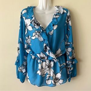 Calvin Klein ruffled floral blouse blue women size L